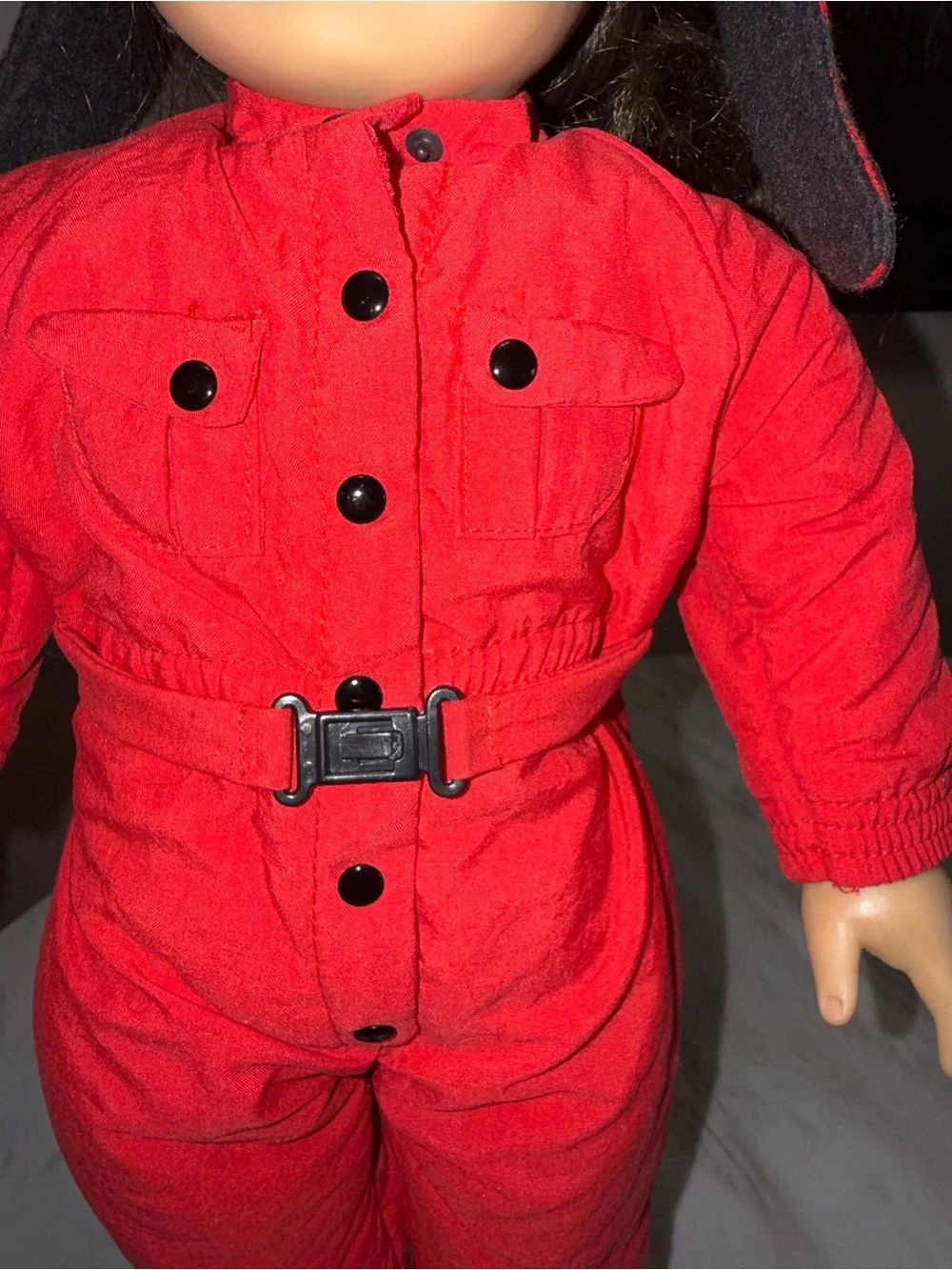 American Girl red snow suite & matching hat with plaid interior Molly’s collecti